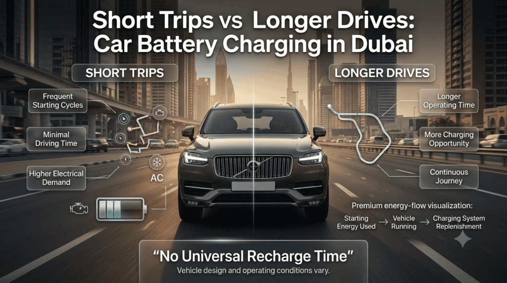 Comparison of short trips and longer drives showing battery charging, repeated starts, AC demand, and discharge risks in Dubai.