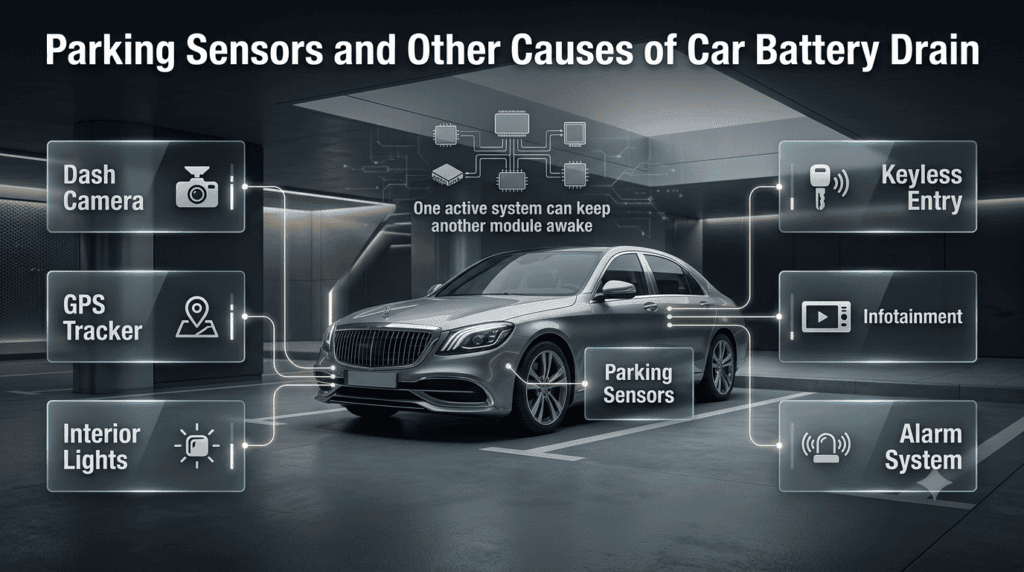 Automotive infographic showing parking sensors, dash cameras, trackers, lights, keyless entry and alarms as possible battery drain sources.