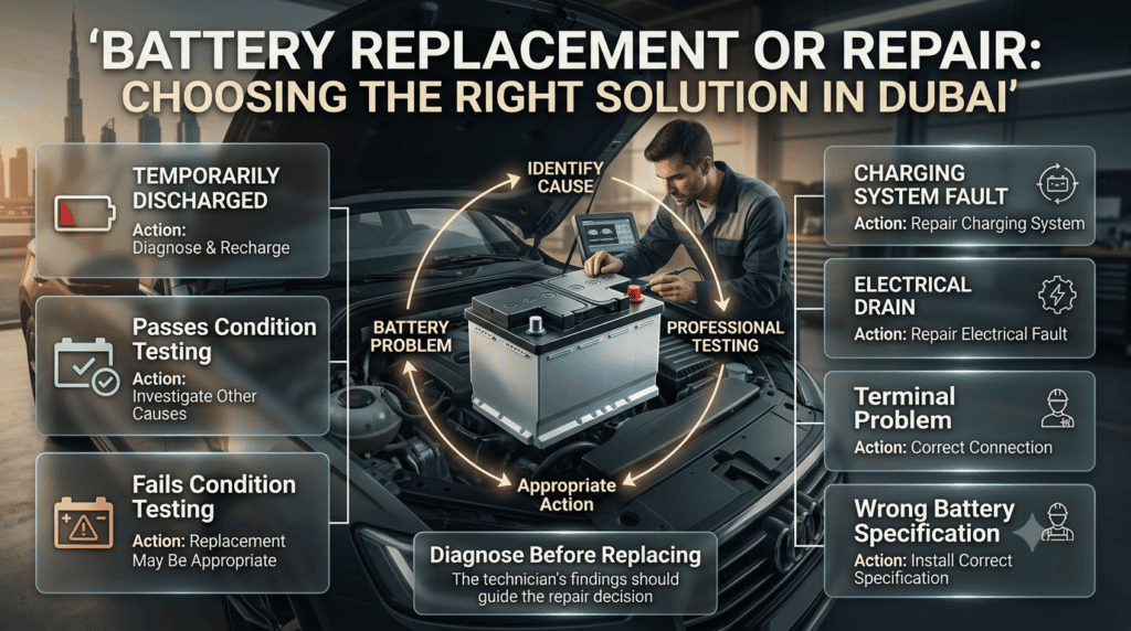 Car battery repair versus replacement in Dubai showing testing, charging faults, electrical drains, and correct battery selection.
