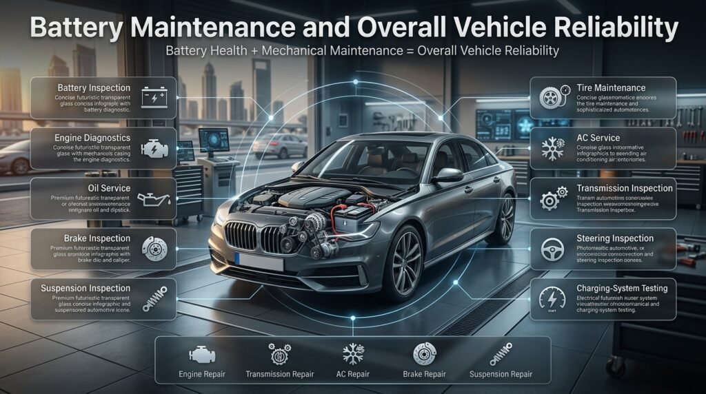 Car battery maintenance and vehicle reliability with engine, brakes, tires, suspension, AC, transmission, and charging checks