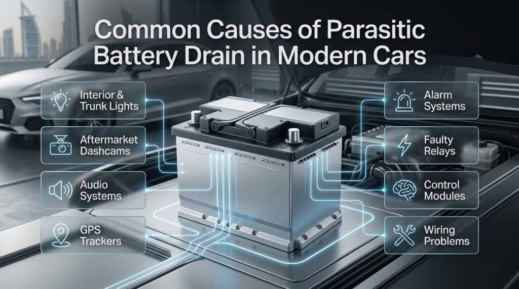 Infographic showing common parasitic battery drain causes including lights, dashcams, relays, GPS trackers, modules, and wiring faults.