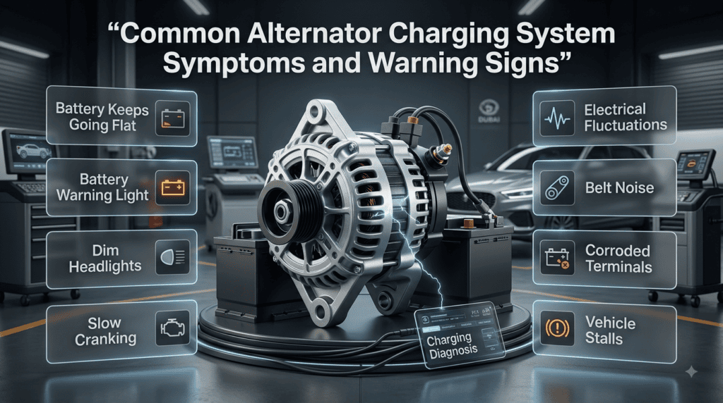 Common alternator charging system symptoms including battery drain, warning lights, dim headlights, slow cranking, and belt noise