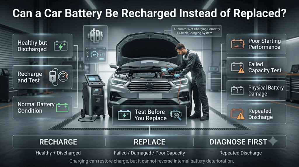 Car battery recharge versus replacement showing battery testing, charging, capacity checks, and alternator diagnosis.