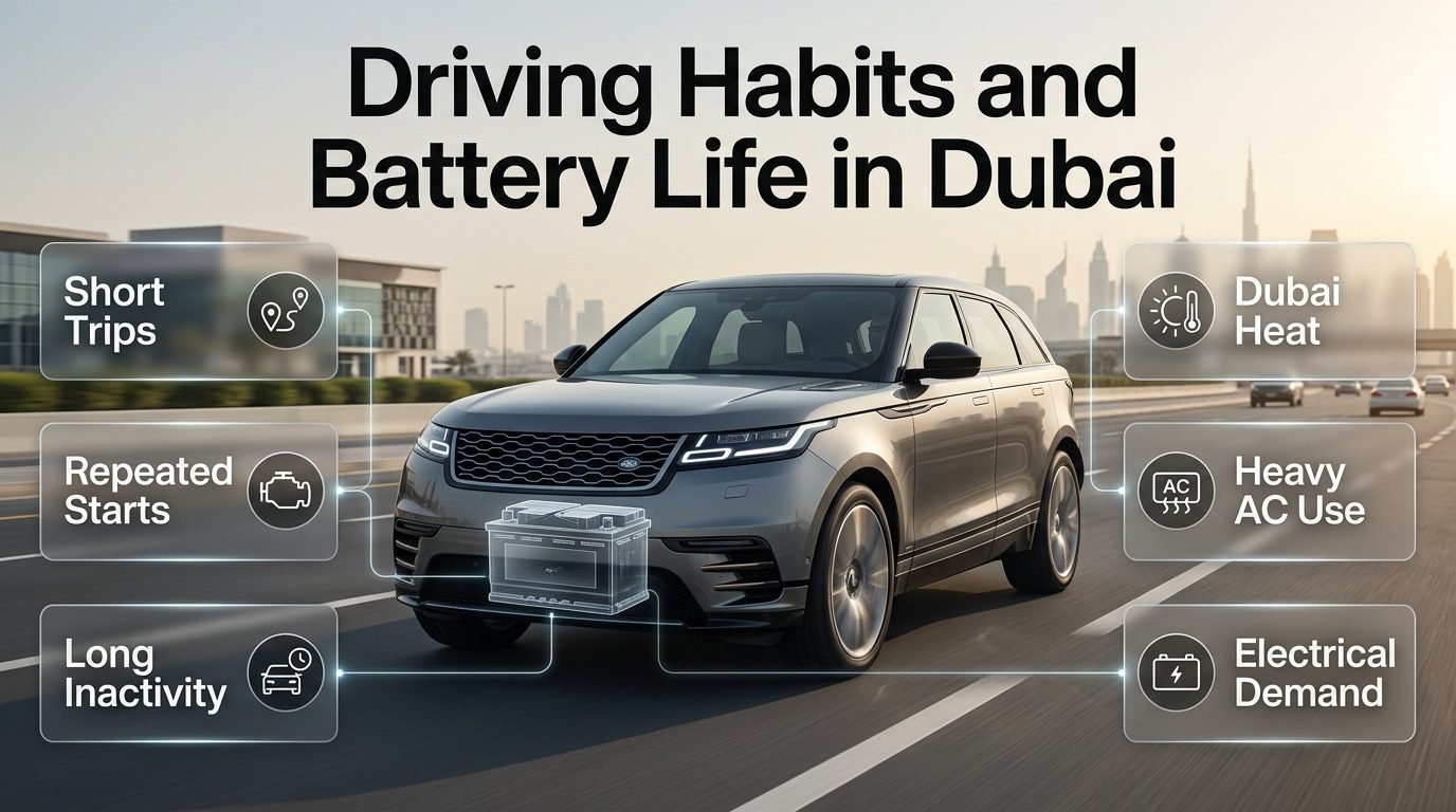 Driving habits and battery life in Dubai with car battery, traffic, heat, AC use, and short-trip battery stress Driving Habits and Battery Life in Dubai | Car Battery Guide