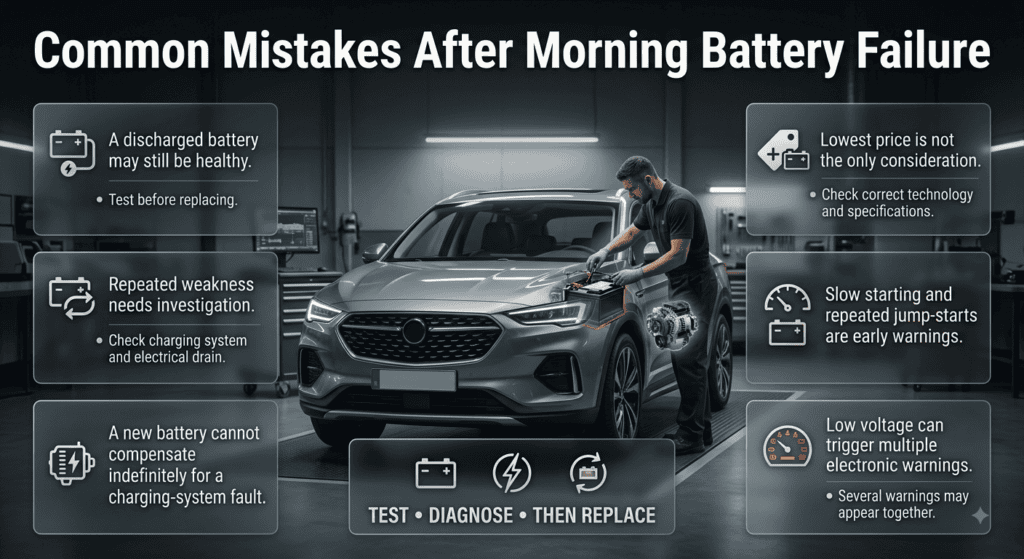 Infographic showing common mistakes after car battery failure, including testing, alternator checks, battery selection, and warning signs
