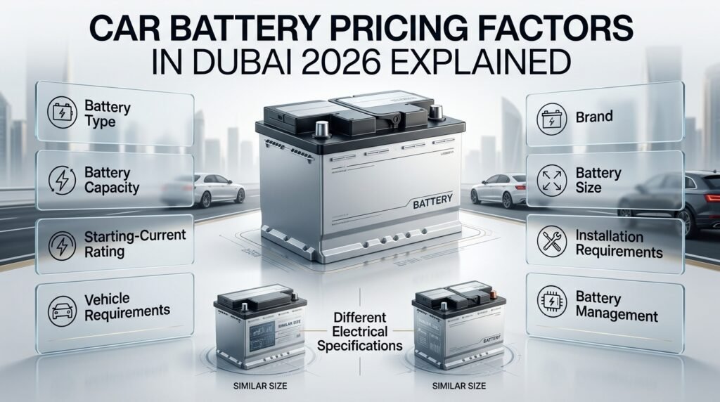 Car battery pricing in Dubai depends on battery type, capacity, starting current, vehicle requirements, size, brand, and installation needs.