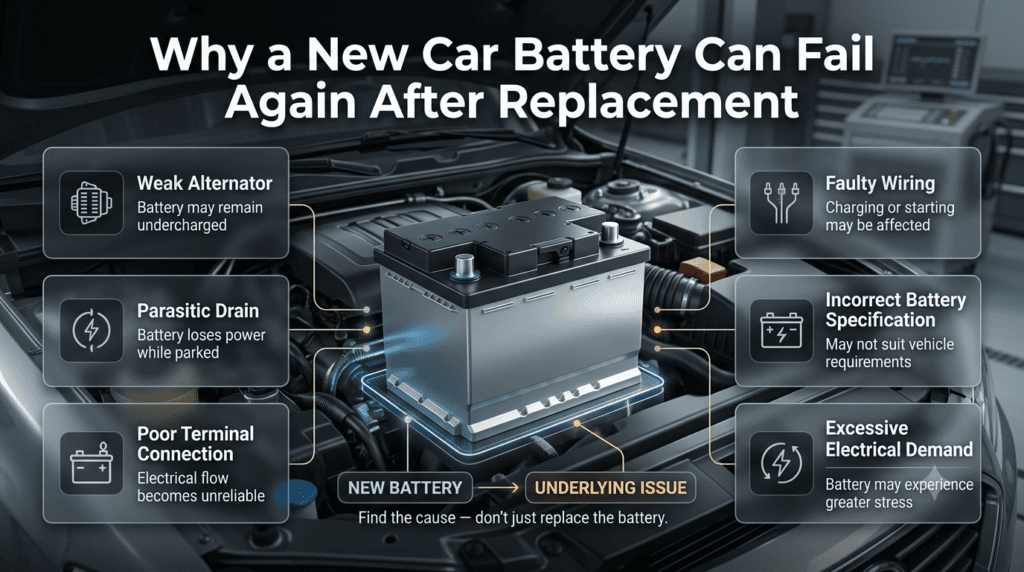 New car battery failing again due to weak alternator, parasitic drain, poor connections, faulty wiring, or excessive electrical demand