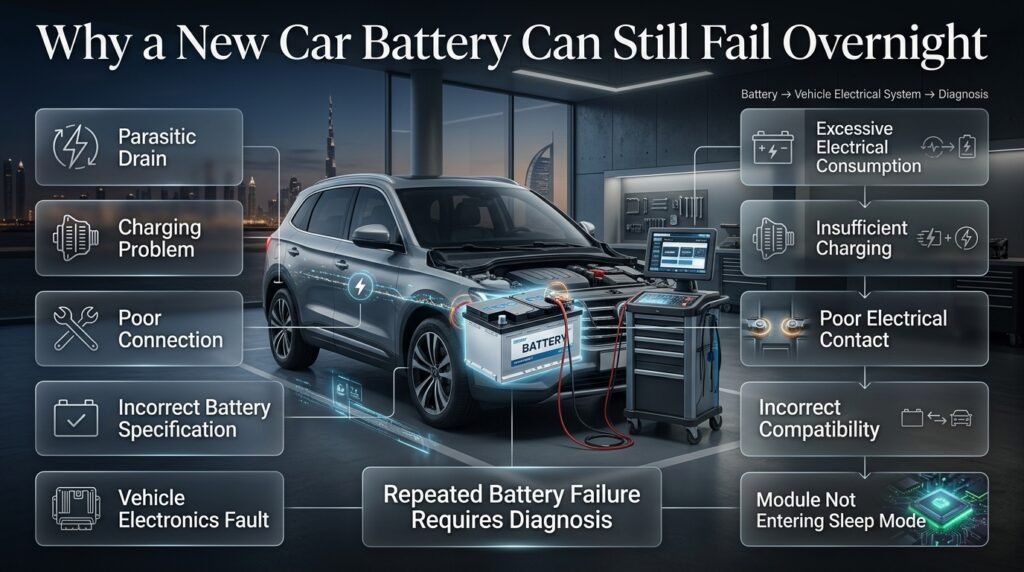 New car battery failing overnight due to parasitic drain, charging problems, poor connections, or vehicle electronic faults.