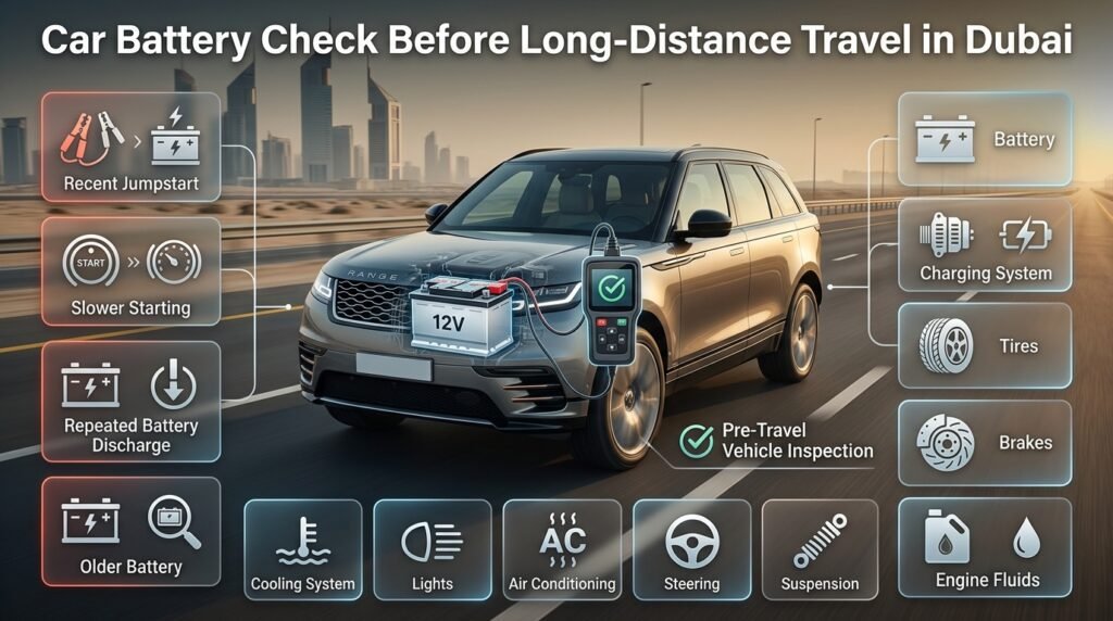 Car battery check before long-distance travel showing battery, tires, brakes, fluids, cooling system, lights, and AC inspection.