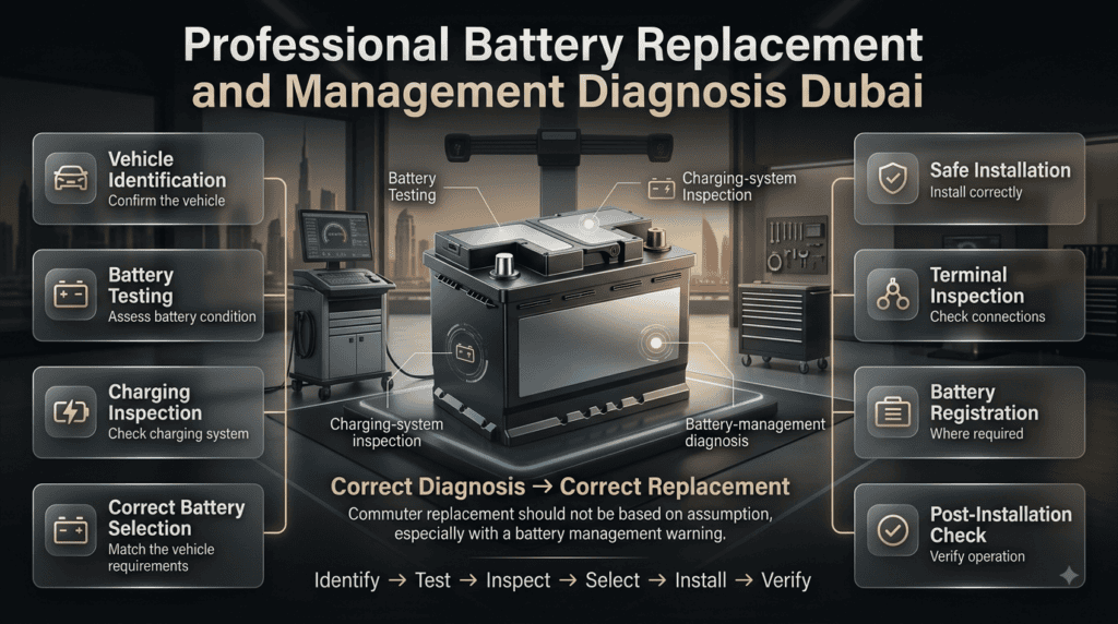 Professional battery replacement in Dubai with battery testing, charging inspection, safe installation, registration and verification