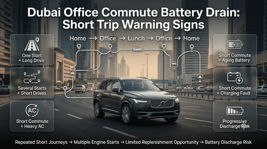 Dubai office commute showing repeated short trips, engine starts, AC demand, and battery discharge warning signs.