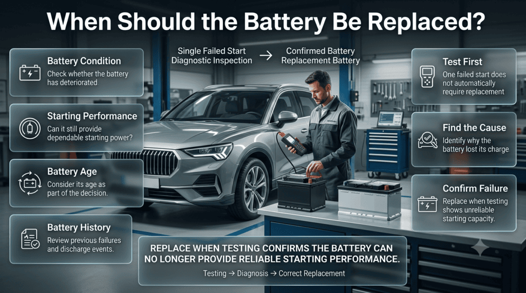 Car battery replacement decision guide showing battery testing, starting performance, age, condition, and professional replacement.
