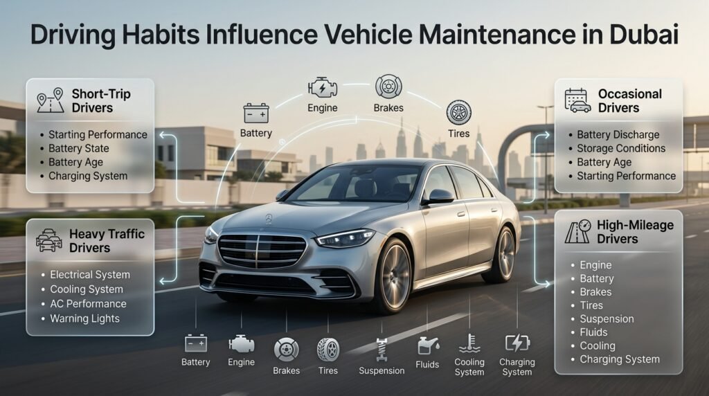 Driving habits influence vehicle maintenance in Dubai, including battery, engine, brakes, tires, suspension, and cooling systems