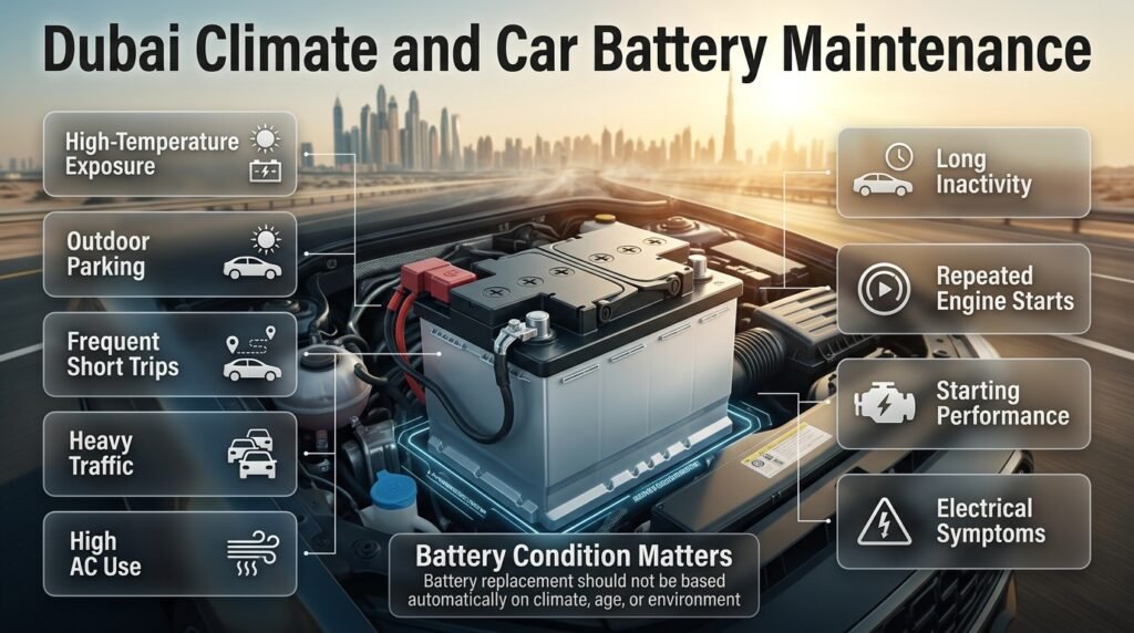 Dubai car battery maintenance infographic showing heat, traffic, AC use, parking, short trips, and battery monitoring.