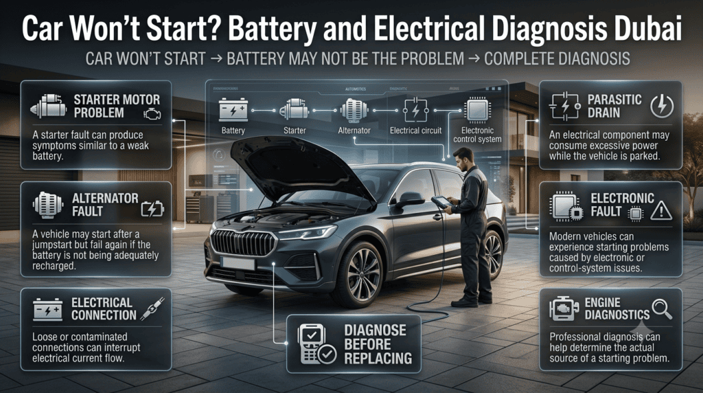 Car starting problem diagnosis in Dubai showing starter, alternator, electrical connection, parasitic drain, and electronic faults