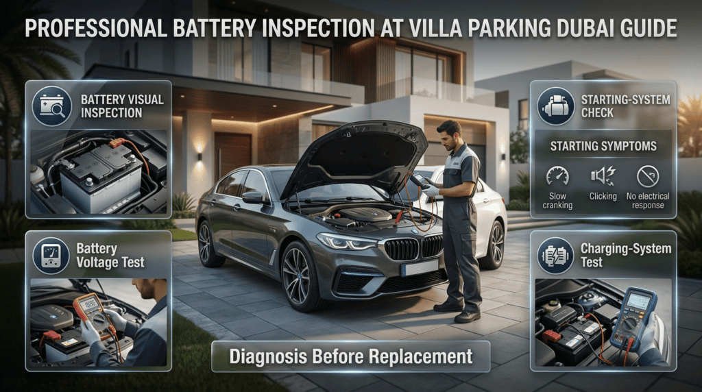 Technician inspecting a car battery at Dubai villa parking with voltage, starting, and charging system tests.