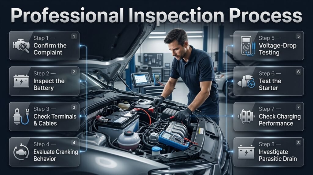 Slow engine cranking inspection process showing battery testing, cable checks, voltage-drop testing, starter and charging diagnosis