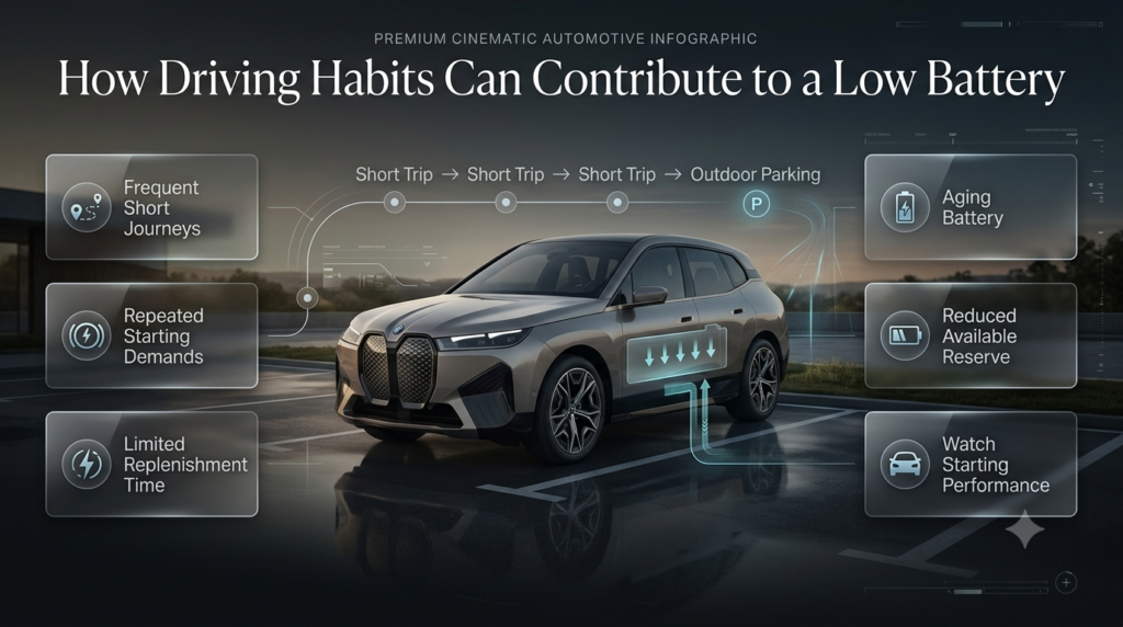 Short driving trips can repeatedly use battery energy while giving the charging system limited time to replenish the battery.