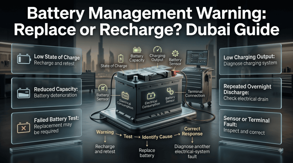 Battery management warning in Dubai showing when to recharge, retest, replace, or diagnose the vehicle electrical system