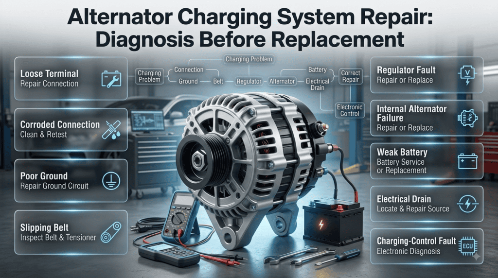 Alternator charging system repair guide showing loose terminals, poor grounds, belt faults, battery issues, and electrical diagnosis