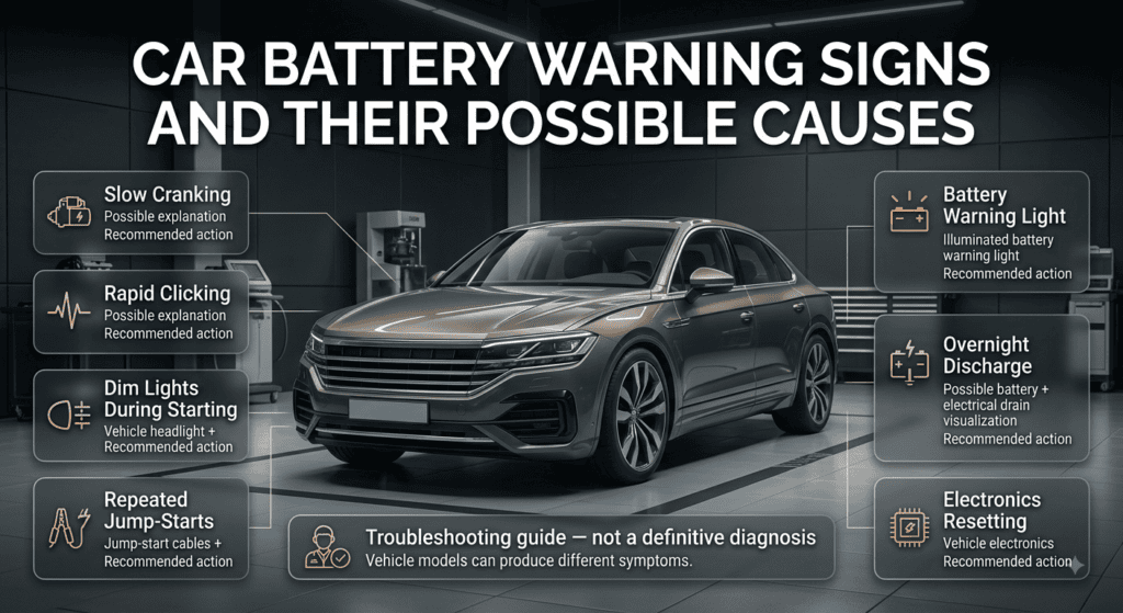 Infographic showing common car battery warning signs, possible causes, and recommended diagnostic actions for drivers