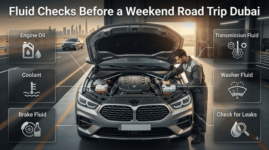 Pre-trip vehicle fluid inspection showing engine oil, coolant, brake fluid, transmission fluid, and washer fluid before road travel.