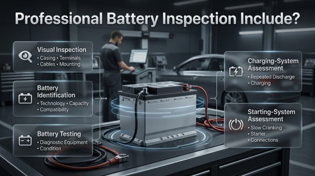 Professional car battery inspection showing visual checks, battery testing, charging system and starting system assessment