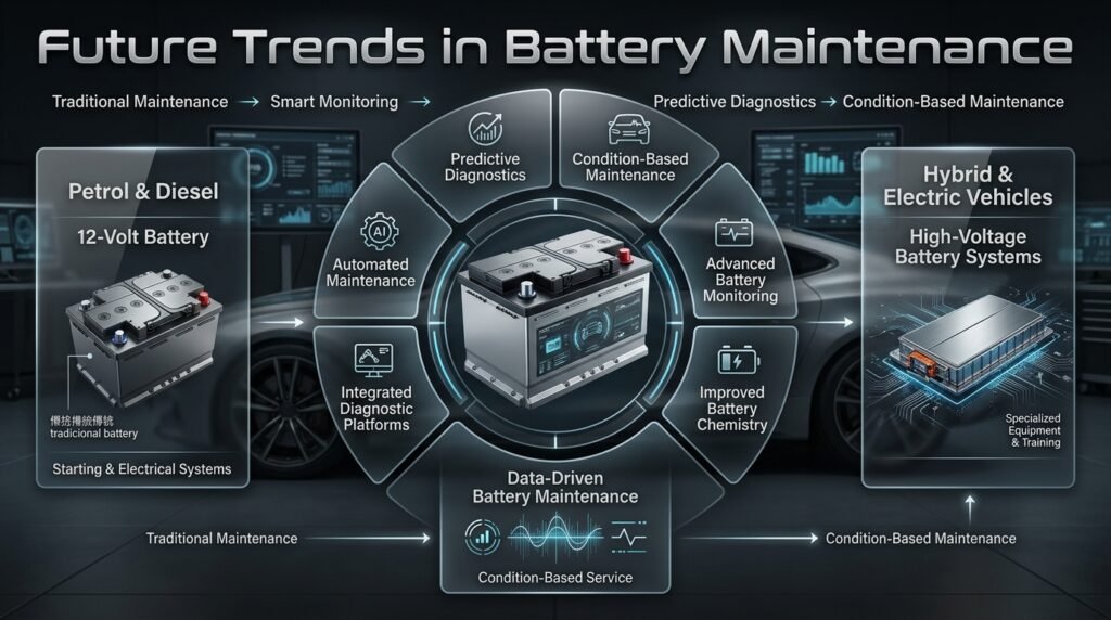 Future automotive battery maintenance with predictive diagnostics, smart charging, advanced monitoring, and condition-based vehicle technology.