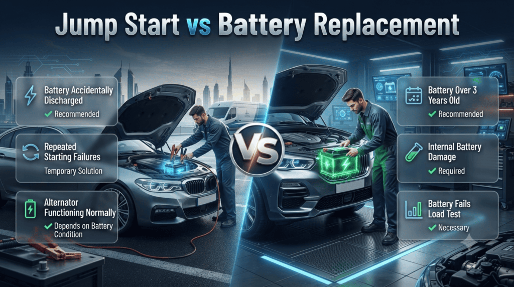 Infographic comparing when to choose a car jump start versus battery replacement based on battery age, discharge, load test results, internal damage, and starting performance.