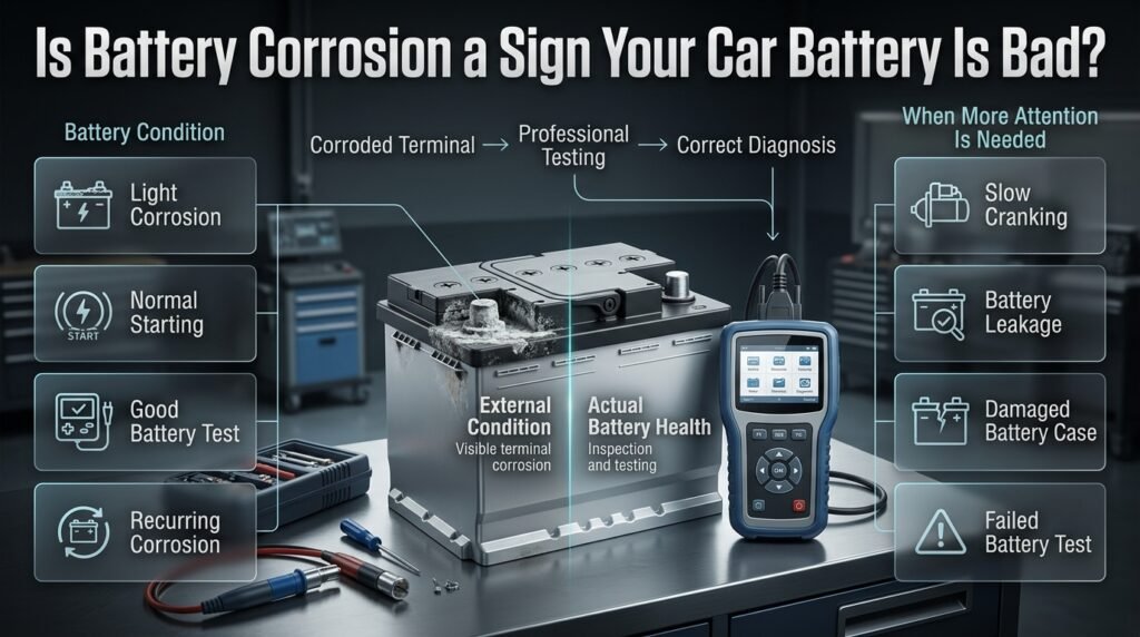 Car battery corrosion does not always mean battery failure; compare terminal condition, testing results, and starting symptoms.
