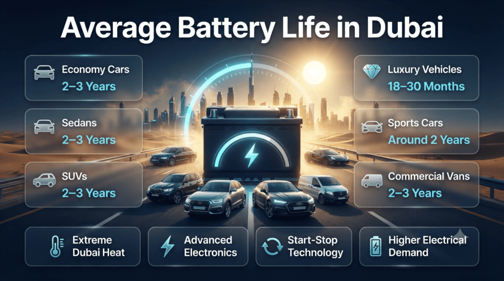 Infographic showing average car battery lifespan in Dubai for economy cars, sedans, SUVs, luxury vehicles, sports cars, and commercial vans under extreme UAE climate conditions.