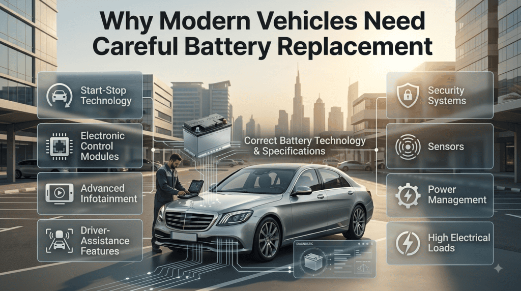 Modern vehicles need correct battery replacement for start-stop systems, electronics, sensors, infotainment, and power management.