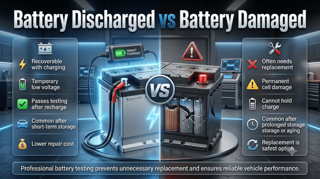 Comparison infographic showing discharged vs damaged car battery, highlighting charging, testing, replacement, and key differences for Dubai drivers.