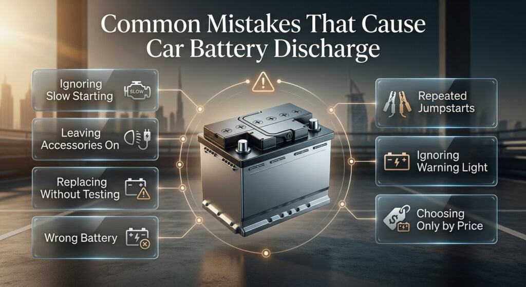 CCommon car battery discharge mistakes including slow starting, electrical accessories, wrong battery selection, jumpstarts, and warning lights.