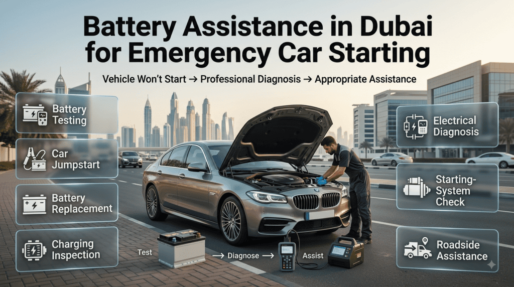 Battery assistance in Dubai showing professional battery testing, car jumpstart, replacement, charging inspection, and roadside support.