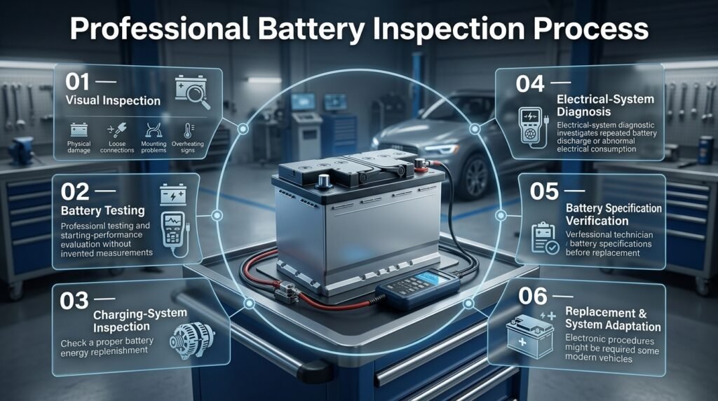 Professional car battery inspection showing visual checks, battery testing, charging system diagnosis, and battery replacement adaptation.
