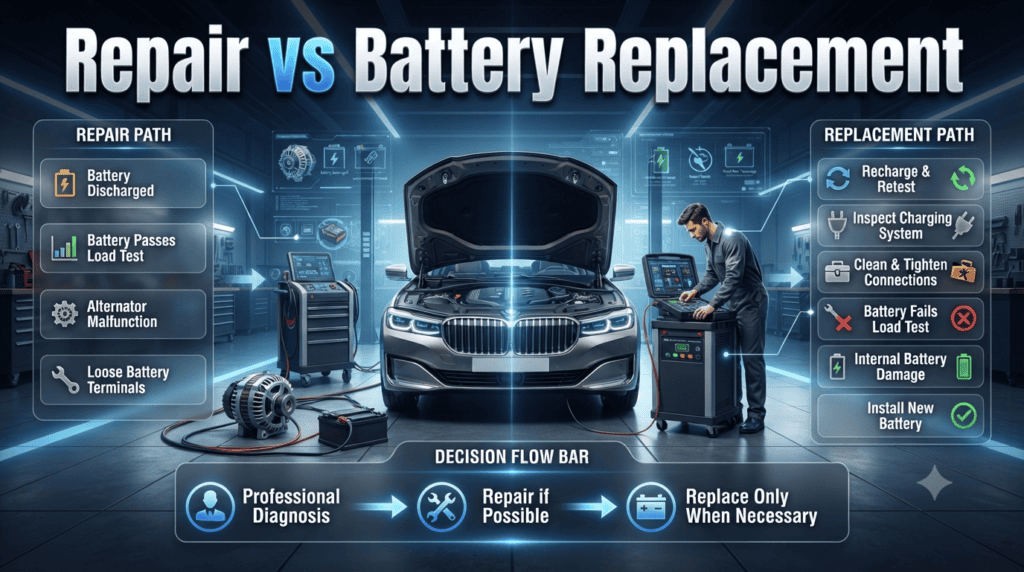 Premium infographic comparing battery repair and battery replacement solutions, showing diagnostics, alternator repair, terminal cleaning, battery testing, and replacement decisions.