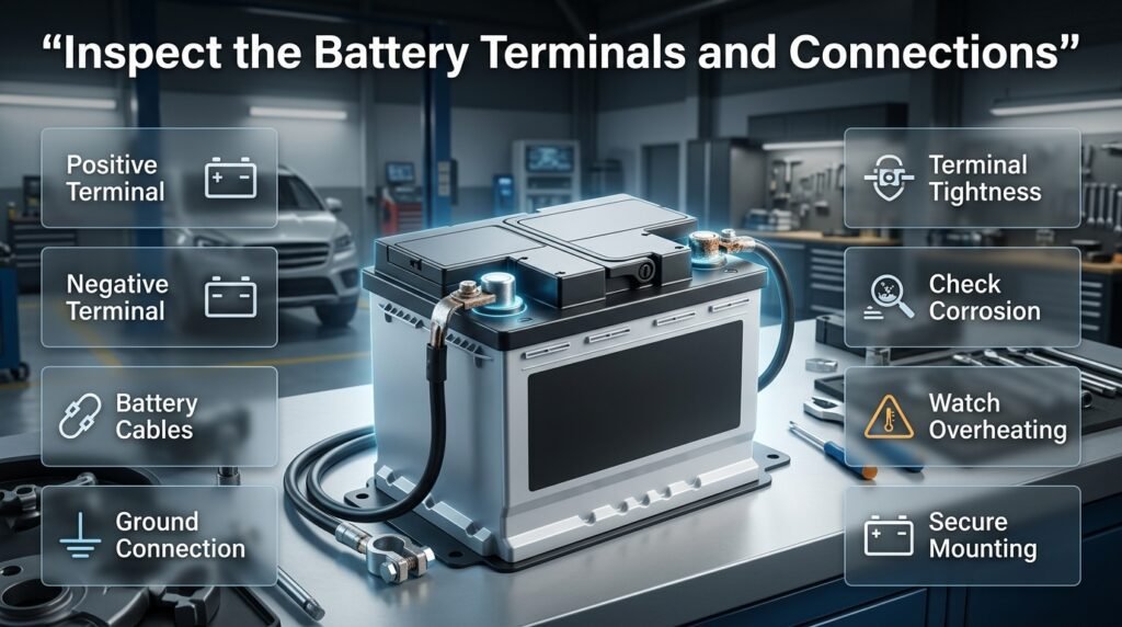 Car battery terminal inspection showing positive and negative connections, cables, corrosion, grounding, and secure battery mounting.