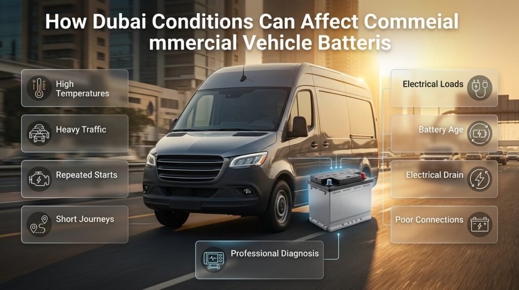 Dubai heat, traffic, short trips, and electrical loads affecting commercial vehicle battery performance and charging systems.