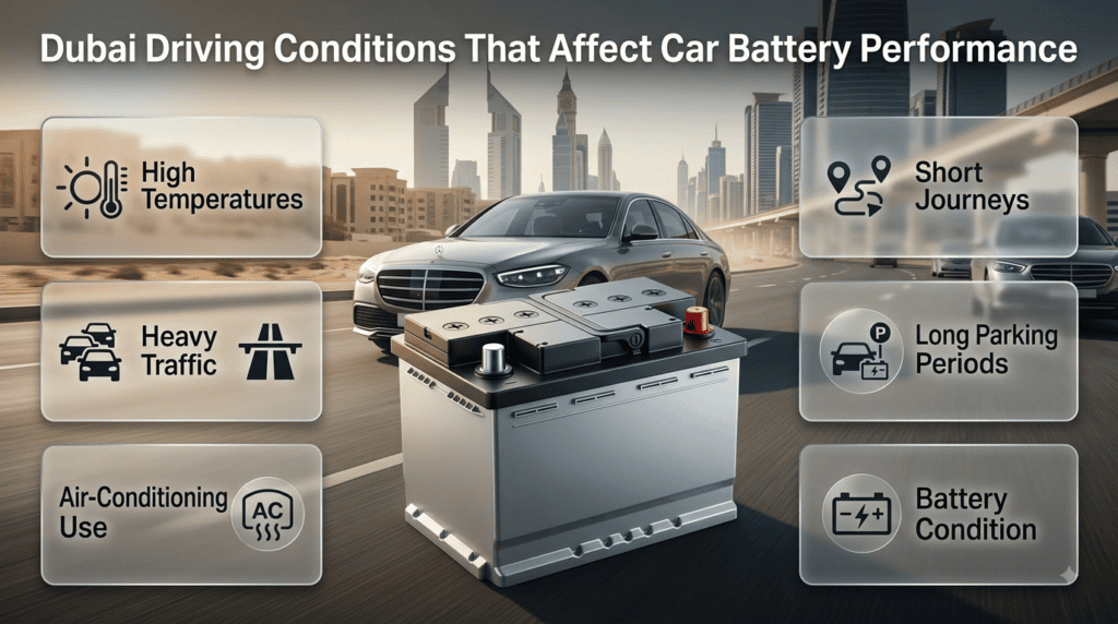 Dubai heat, traffic, AC use, short trips, and long parking periods affecting automotive battery performance and service life.