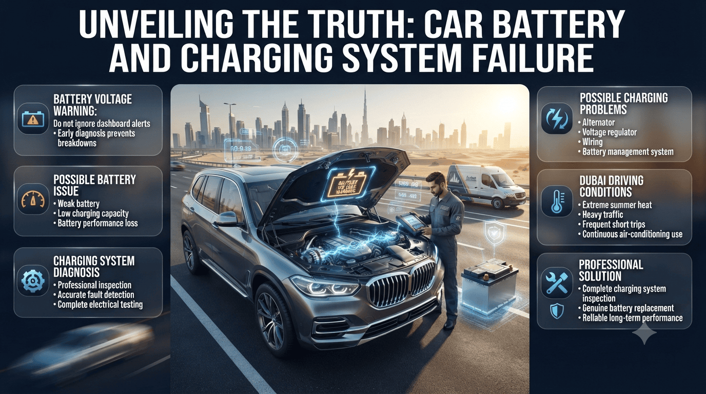 Professional automotive infographic showing battery voltage warning diagnosis and premium battery replacement services in Dubai with charging system inspection. | Battery Voltage Warning Dubai: Fast Battery Replacement Guide
