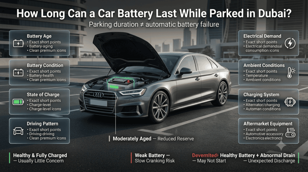 Car battery parking duration infographic showing how battery age, charge, drain, and condition affect starting reliability in Dubai