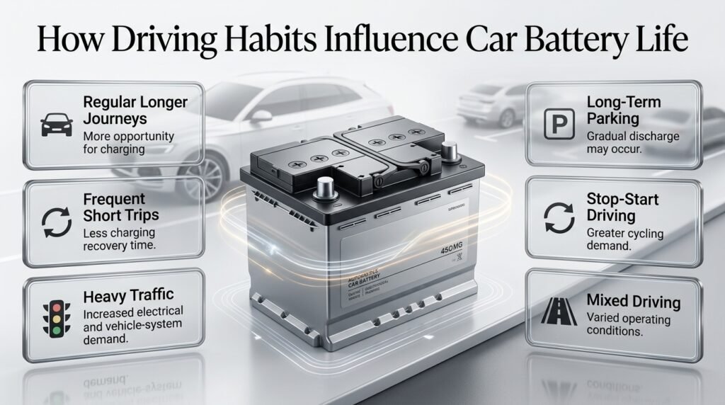 How driving habits influence car battery life through short trips, long journeys, traffic and charging recovery