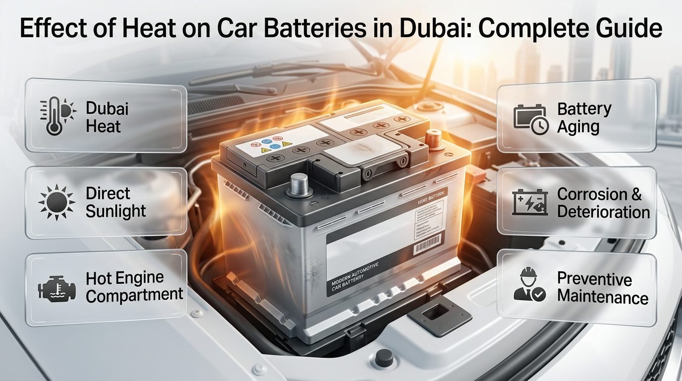 Effect of heat on car batteries in Dubai showing high temperatures, battery aging, corrosion, and reduced starting reliability Effect of Heat on Car Batteries in Dubai: Complete Guide