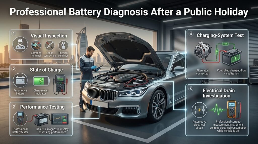 Professional car battery diagnosis after holiday parking, including visual inspection, battery testing, charging and electrical drain checks.