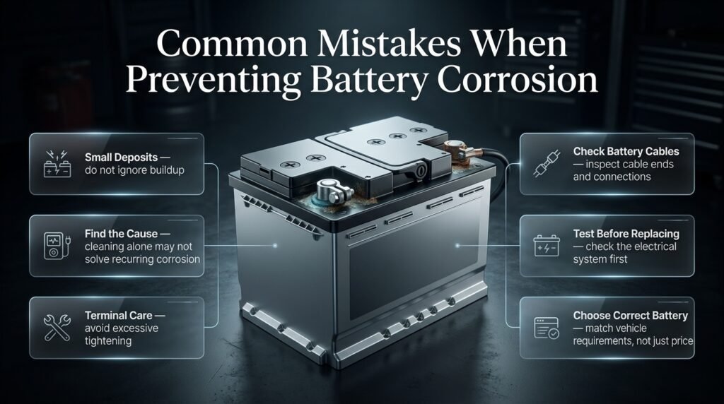 Car battery corrosion prevention mistakes including dirty terminals, loose cables, over-tightening, and incorrect battery selection.