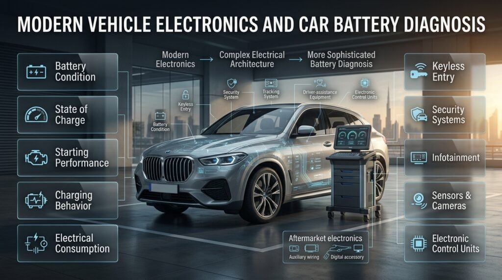 Modern vehicle electronics affect battery diagnosis, including keyless entry, infotainment, sensors, cameras, and control units.