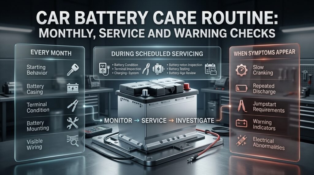 Car battery care routine showing monthly checks, scheduled servicing, battery testing, and warning signs requiring inspection