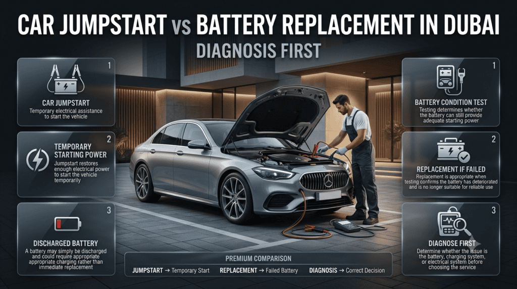 Car jumpstart versus battery replacement in Dubai, showing battery diagnosis, charging checks, and professional automotive service