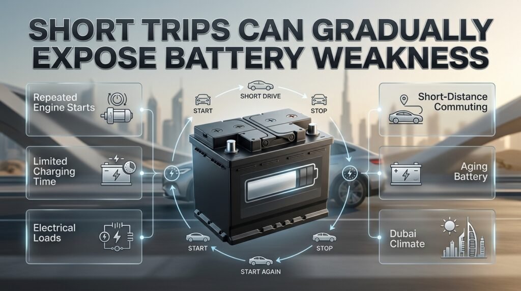Short trips can expose car battery weakness through repeated starts, limited charging time, electrical demand, and Dubai heat.